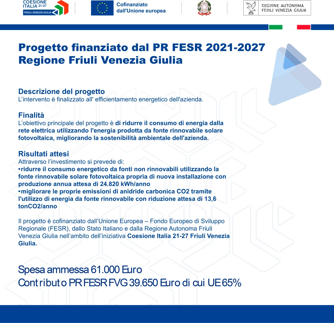 Efficientamento energetico - Progetto finanziato dal PR FESR 2021-2027 Regione Friuli Venezia-Giulia